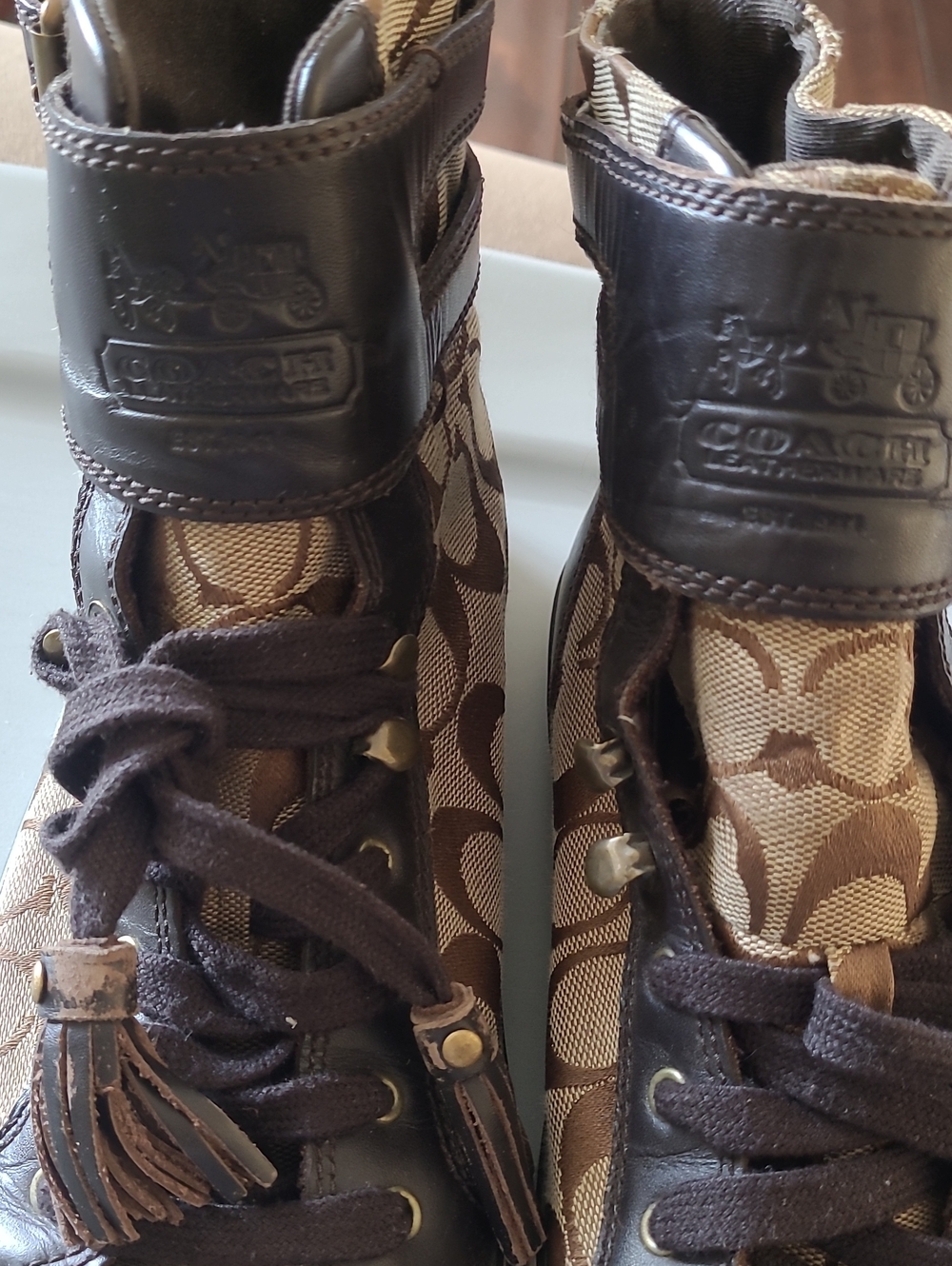 Coach Brown Monogram High-Top Sneakers with Dark Brown Trim Size 7.5 - Picture 8 of 12